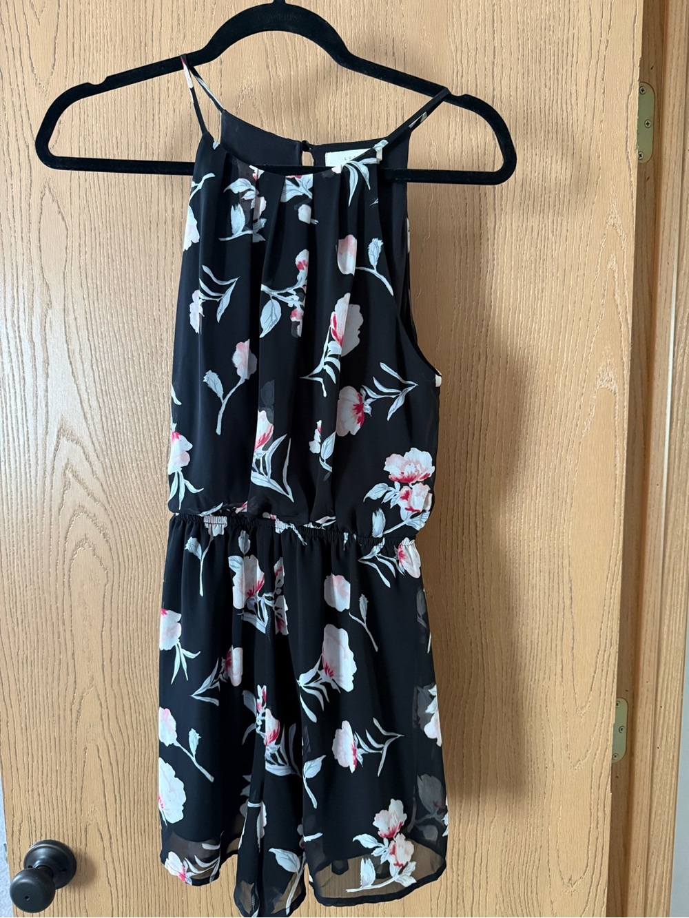 Lush Black Floral Mini Romper with Pink & White Blooms